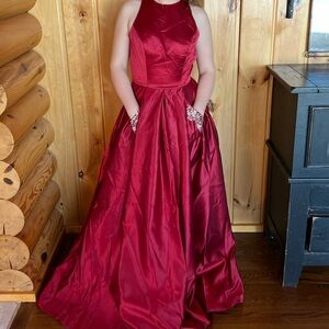 Red floor length prom dress with glitter pockets